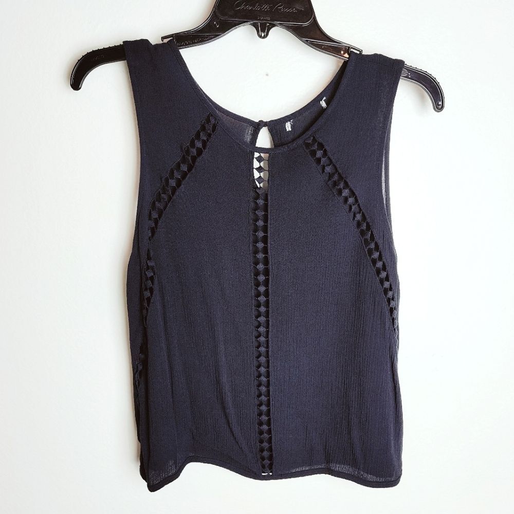 Forever 21 Navy Sleeveless Cropped Blouse Shell Tank w Crochet Details, Size S